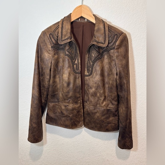 Western style faux leather jacket brown w beads and zipper size small to medium - Picture 10 of 16